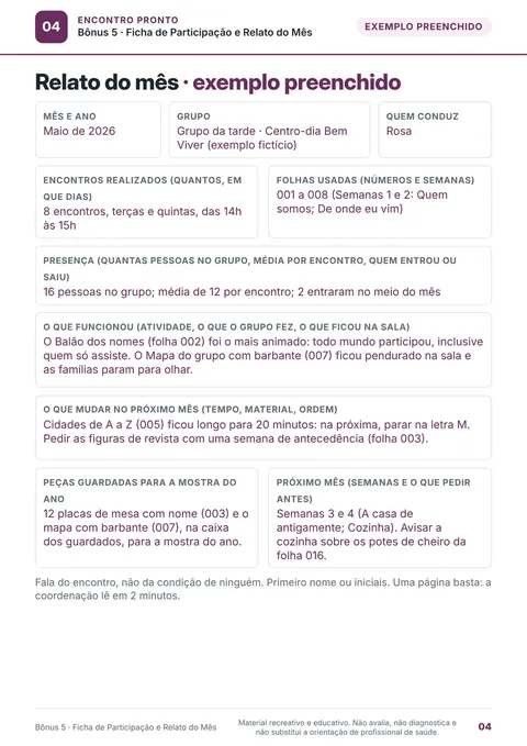 Relato do mês preenchido como exemplo