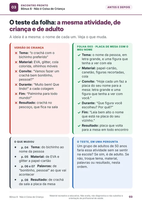 Página com o teste da folha: a mesma atividade em versão de criança e de adulto