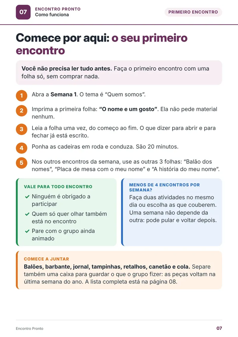 Página Comece por aqui, com os passos do primeiro encontro