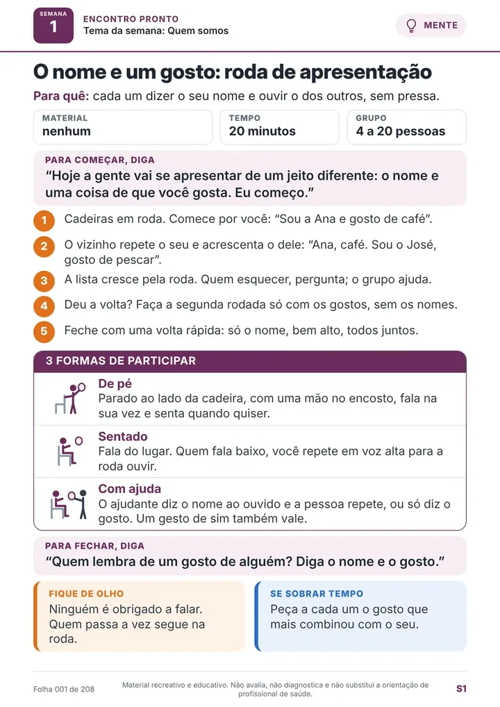 Folha da atividade O nome e um gosto: roda de apresentação, a primeira da Semana 1
